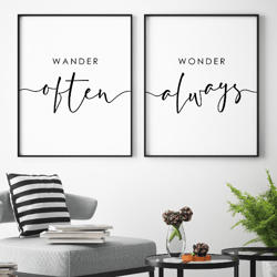 Wander Often Wonder Always Print, Travel Wall Art, Above Bed Printable, Set of 2 Quotes, Travel Quote, Wanderlust Poster