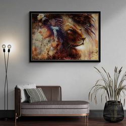 Indian Woman And Lion, Native American Framed Canvas, Woman Wall Art, Lion Canvas, Indian Woman Wall Art, Lion Canvas, G