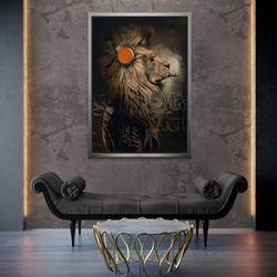 Musician Lion Wall Art, Cool Lion Framed Canvas, Cigar Smoking Lion Wall Art, Lion Canvas, King of the Jungle Wall Art,
