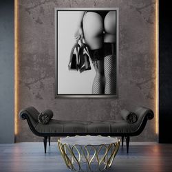 Naked Woman Back Framed Canvas, Sensual Woman Wall Art, Woman Butt Canvas Art, Woman Art With Fishnet Stocking, Sensual