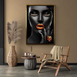 orange lips framed canvas, black woman face wall art, sensual woman photo canvas, woman wall art, woman portrait canvas,