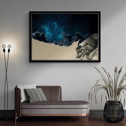 Smoking in Space Wall Art, Starry Sky Framed Canvas, Old Man Smoking Canvas, Space Wall Art, Abstract Canvas, Silver Fra