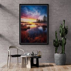 Sunset Wall Art, Nature Framed Canvas, Sunset Art, Sunset and Lake, Lake Landscape Canvas, Large Wall Art, Landscape Sil