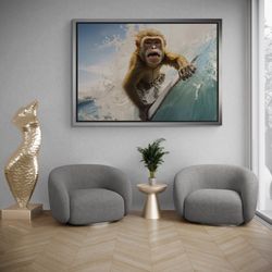 Surfing Monkey Wall Art, Animal Framed Canvas, Sea Canvas, Monkey Wall Art, Abstract Canvas, Funny Monkey Wall Art, Silv