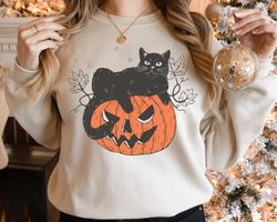 Vintage Halloween Unisex Sweatshirt and Hoodie, Pumpkin Halloween, Pumpkin and Black Cat Tee