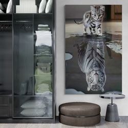 tiger and cat framed canvas, tiger reflection cat wall art, tiger canvas, cat wall art, tiger wall art, cat canvas, gold
