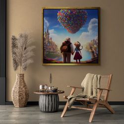 up movie framed canvas, pixar wall art, kids room decor, colourful balloons artwork, up pixar balloons, up pixar silver