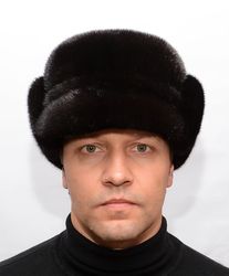 Men's Mink Fur Black Winter Cap Finka From Real Mink Fur And Genuine Leather Lapel Black Color