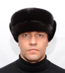 Men's Mink Fur Black Winter Cap From Real Mink Fur And Genuine Leather Lapel Black Color