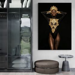 African Woman Framed Canvas, Sexy Woman Wall Art, Gold Woman Canvas, Woman Jewelry Wall Art, Black Woman Canvas, Woman W