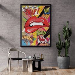 BOOM Pop Art, Colorful Pop Art Framed Canvas, Lips Pop Art Canvas, Comic Style Pop Art, Pop Art Wall Art, BAM Pop Art, W