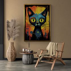 Cartoon Cat Wall Art, Impressionist Framed Canvas, Cartoon Canvas, Animal Wall Art, Abstract Cat Wall Art, Minimalist Go