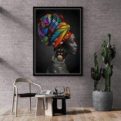 Colorful Scarf African Woman Wall Art, African Woman Face Framed Canvas, Ethnic Woman Wall Art, Black Woman Canvas, Blac