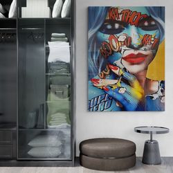 Comic Book Framed Canvas, Woman with Make-Up Wall Art, Pop Art Canvas, Woman Pop Art, Red Lips Canvas, Woman Face Gold F