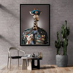 cool giraffe framed canvas, cute animals wall art, giraffe canvas, commander animals wall art, sweet dog canvas, silver