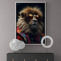 cool lion wall art, animal framed canvas, large wall art, lion with glasses canvas, lion artwork, surreal lion canvas, s