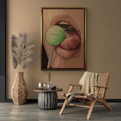 Erotic Woman Framed Canvas, Woman Licking Lollipop Wall Art, Lollipop Art, Sexy Woman Canvas, Licking Woman Wall Art, Wh