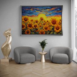 Flowers Wall Art, Sunflower Field Framed Canvas, Nature Landscape Canvas, Flower Art, Sunflower Artwork, Oil Painting Wh