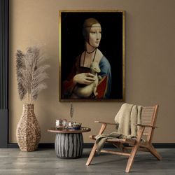 Leonardo da Vinci Framed Canvas, Lady with an Ermine Wall Art, Reproduction, Da Vinci Wall Art, Italian Renaissance, Gol
