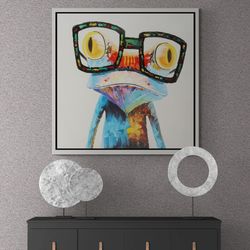 rainbow frog with glasses canvas, rainbow frog framed canvas, glasses wall art, rainbow frog wall art, frog canvas, gold