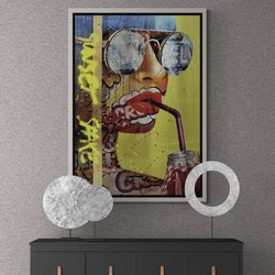 sexy woman framed canvas, pop art wall art, drinking woman pop art, woman with glasses canvas, graffiti woman wall art,
