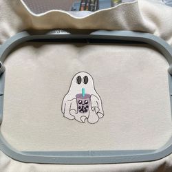Little Ghost With Milk Tea Embroidery Design, Spooky Halloween Embroidery File, Boba Boo Embroidery Design