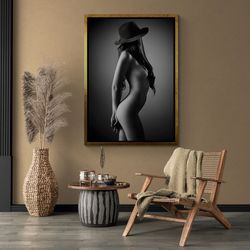 sexy woman in hat wall art, sexy girl body framed canvas, nude wall art, erotic canvas, bedroom wall art, nude art, gold