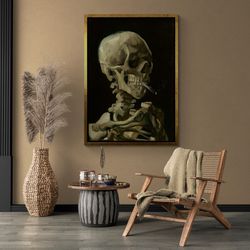 Skeleton Smoking Wall Art, Gogh Skull of a Skeleton, Skull Framed Canvas, Skull with Burning Cigarette, Van Gogh Canvas,