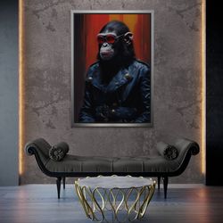 Surreal Monkey Wall Art, Animal Framed Canvas, Gorilla Canvas, Leather Jacket Monkey, Monkey with Glasses, Large White F