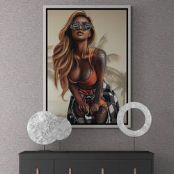 Tattooed Sexy Woman Wall Art, Erotic Posing Woman Framed Canvas, Woman with Glasses Wall Art, Cartoon Woman Canvas, Gold