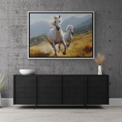 Two White Horses Wall Art, Animal Framed Canvas, Horses Artwork, Nature Landscape Canvas, Horses Running, Horses Silver