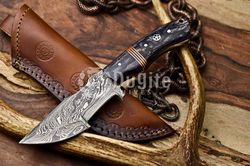 DK- Damascus Tracker Knife – Hard Wood Handle – Handcrafted Elegance and Exceptional Quality for Collectors USA Made