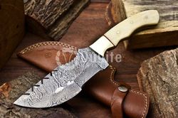 DK- Damascus Steel Tracker Knife -5-Inch Blade, Camel Bone Handle – Handcrafted Elegance for Outdoor Enthusiasts USA