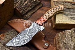 DK- Custom Handmade Damascus Tracker Knife - 10" Full Tang Blade, 384-Layer Steel, Leather Sheath, Hunter Camping