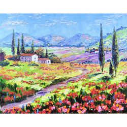 Tuscany Painting Italy Landscape Original Wall Art Tuscany Poppies Impasto Oil Painting on Canvas 16x20 inch