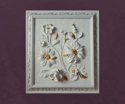 Sculptural wall art Framed art work Gold and White bas-relief Botanical Plaster Relief Modern 3d wall ready to hang