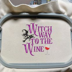 Witches Halloween Embroidery Design, Witch Way To The Wine Scary Halloween Embroidery Design, Horror Halloween Embroidery Design For Shirt