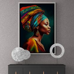 African Framed Canvas, African Woman Wall Art, Ethnic Wall Art, Woman with Colorful Scarf, Big Earrings, African Woman W