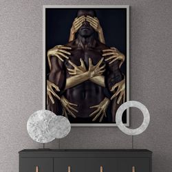 African Man Framed Canvas, Naked Man Wall Art, Muscular Man Canvas, Gold Woman Hand Wall Art, Strong Black Man Canvas, B