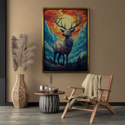 Animal Wall Art, Colorful Deer Framed Canvas, Nature Wall Art, Wild Deer Canvas, Abstract Wall Art, Sunset Canvas, Gold