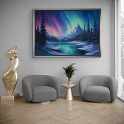 Aurora Framed Canvas, Northern Lights Wall Art, Nature Landscape Canvas, Forest Art, Large Wall Art, Northern Lights Whi