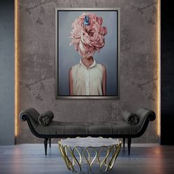 Bird on Woman's Head Wall Art, Pink Roses Head Framed Canvas, Pink Flowers Woman Head Wall Art, Girl Head Canvas, Gold F