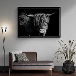 Bull Wall Art, Scottish Highland Cattle Framed Canvas, Wild Cow Wall Art, Scottish Highland Cow, Black And White Canvas,