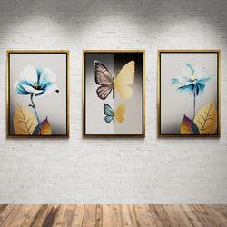 butterfly and flowers wall art, symmetrical framed canvas, butterfly wall art, flowers canvas, scandinavian flowers whit