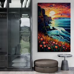 Cliffs of Moher Framed Canvas, Abstract Ireland Wall Art, Landscape Art Print, Cliffs of Moher Painting, Sunset View, Go