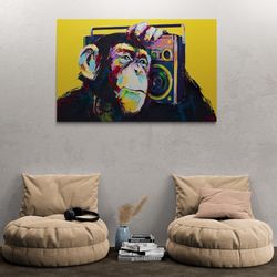 monkey boombox wall art, monkey framed canvas, dj monkey wall art, colorful monkey canvas, monkey and music art, black f