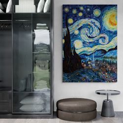 Mosaic Framed Canvas, Van Gogh Style Wall Art, Starry Sky Wall Art, Landscape Canvas, Moon Canvas, Large Wall Art, Silve