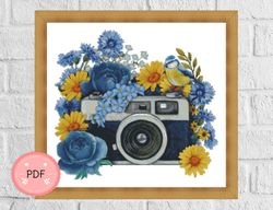 Cross Stitch Pattern,Camera With Floral Decoration,Pdf,Instant Download,Floral X Stitch Chart,Watercolor,Bird