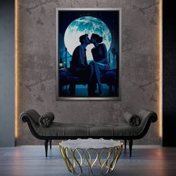 Romantic Couple Framed Canvas, Moon Wall Art, Lovers Canvas, Large Wall Art, Landscape Canvas, Kissing Couple Wall Art,
