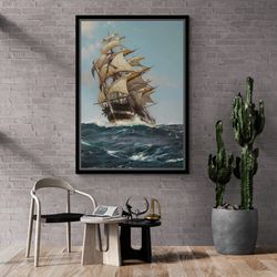 Sailing Ship Wall Art, Seascape Framed Canvas, Ship Wall Art, Wavy Sea Canvas, Ship Canvas, Rowing Boat Rolled Canvas, S